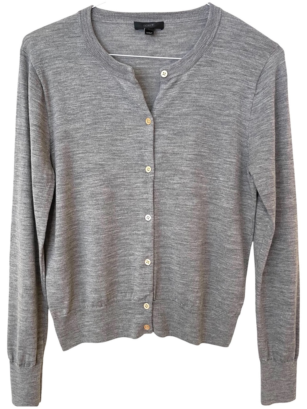J. Crew Jackie Cardigan Merino Wool Light Gray Gold Buttons Classic Minimalist L